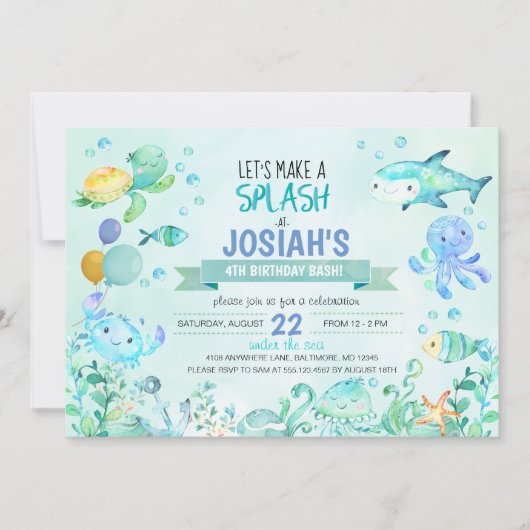 Onder het Zee Splash Birthday Boy Invitation Kaart (Voorkant)