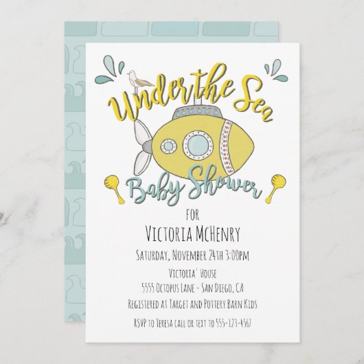 Onder het Zee Submarine Baby Shower Invitations Kaart (Voorkant / Achterkant)