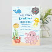 Onder het zee thema 1e verjaardagsuitnodiging kaart (Staand voorkant)