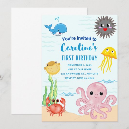 Onder het zee thema 1e verjaardagsuitnodiging kaart (Voorkant / Achterkant)