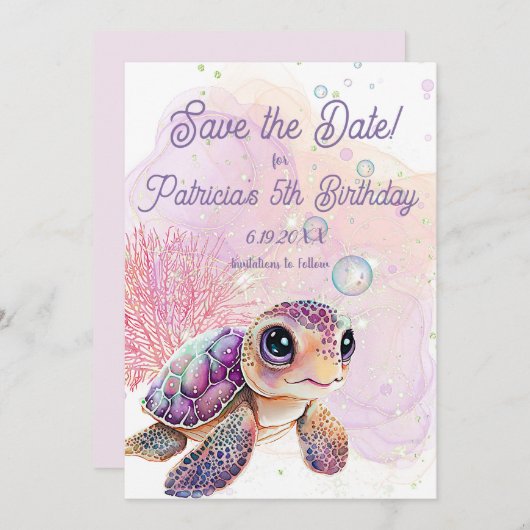 Onder het Zee, Turtle 5th Birthday, Save The Date (Voorkant / Achterkant)