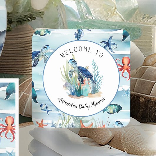 Onder het Zee Turtle Blue Boy Baby shower Kartonnen Onderzetters