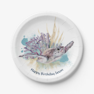 Onder het Zee Turtle Cute Marine Animal Birthday Papieren Bordje