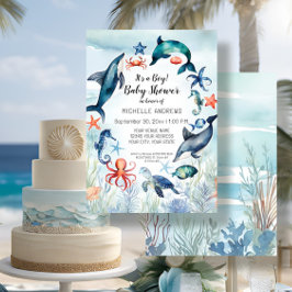 Onder het Zee Turtle Dolphin Blue Boy Baby shower Kaart