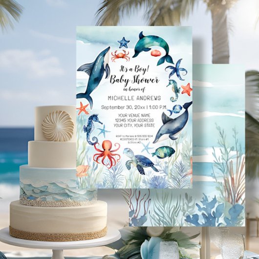 Onder het Zee Turtle Dolphin Blue Boy Baby shower Kaart