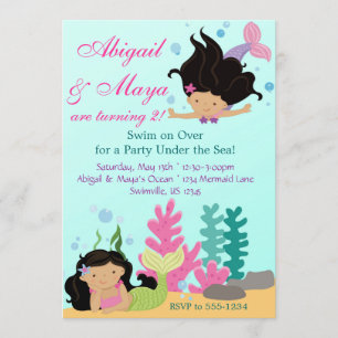 Onder het Zee Twin Mermaid Girls Birthday Party Kaart