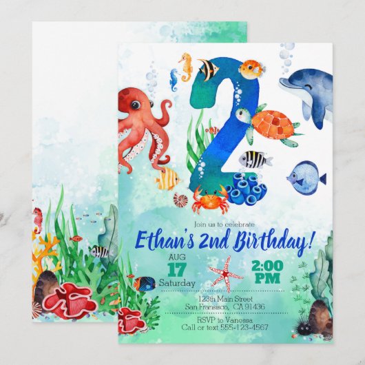 Onder het Zee Uitnodiging voor 2e Verjaardag (Voorkant / Achterkant)
