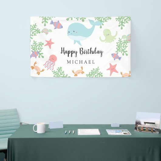 Onder het Zee Verjaardag Schattige Kawaii Pastel P Spandoek (Beurs)