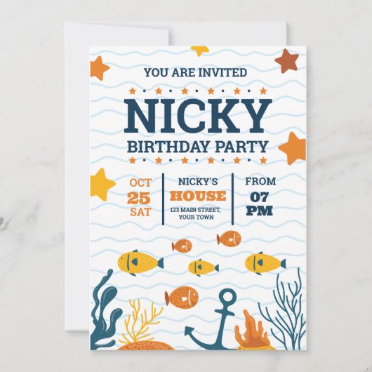 Onder het Zee Verjaardag Uitnodigen, Ocean Animals Kaart (Voorkant)