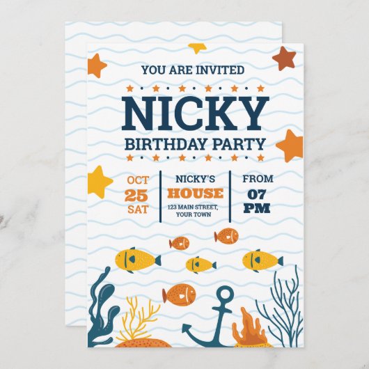 Onder het Zee Verjaardag Uitnodigen, Ocean Animals Kaart (Voorkant / Achterkant)