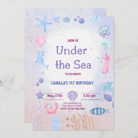 Onder het Zee Verjaardag Uitnodiging Printable (Voorkant / Achterkant)