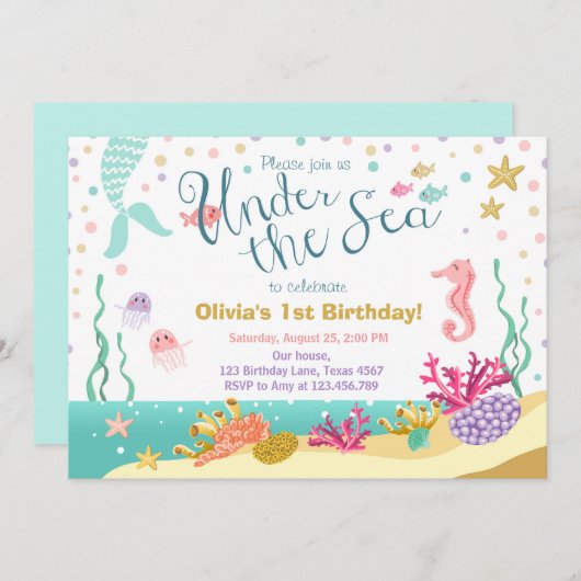Onder het Zee Verjaardag Uitnodiging Zeemeermin Pa (Voorkant / Achterkant)