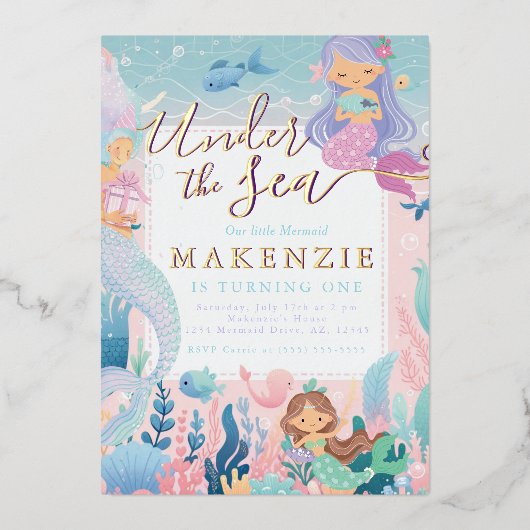 Onder het Zee Verjaardag Zeemeermin Folie Uitnodiging (Voorkant)