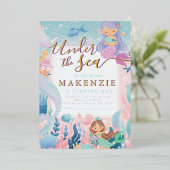 Onder het Zee Verjaardag Zeemeermin Folie Uitnodiging (Staand Voorkant)