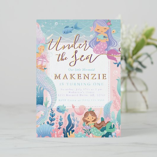 Onder het Zee Verjaardag Zeemeermin Folie Uitnodiging (Staand Voorkant)