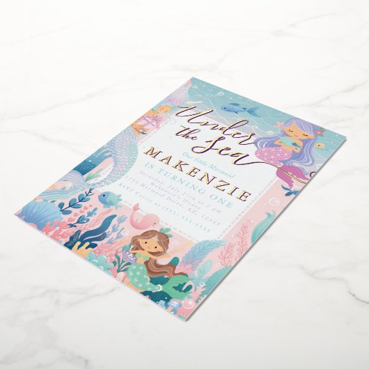 Onder het Zee Verjaardag Zeemeermin Folie Uitnodiging (Gedraaid)