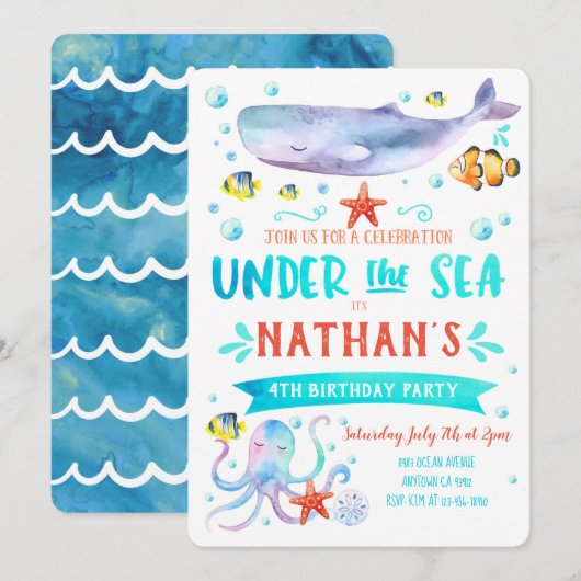 Onder het Zee verjaardagsfeest Invitation Whale Kaart (Voorkant / Achterkant)