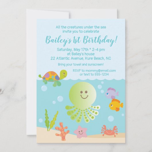 Onder het Zee Verjaardagsuitnodiging in Blauw & Gr Kaart (Voorkant)