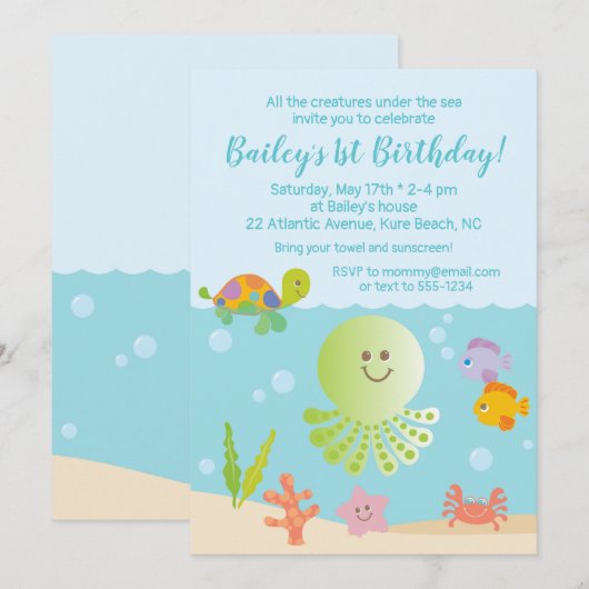 Onder het Zee Verjaardagsuitnodiging in Blauw & Gr Kaart (Voorkant / Achterkant)