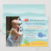 Onder het Zee Verjaardagsuitnodiging Jongens met F Kaart (Voorkant / Achterkant)