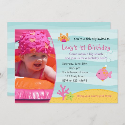 Onder het Zee Verjaardagsuitnodiging Meisjes met F Kaart (Voorkant / Achterkant)