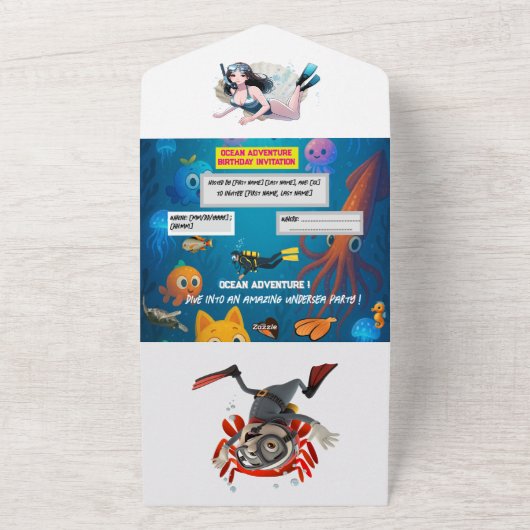 Onder het Zee Verjaardagsuitnodiging - Platte kaar All In One Uitnodiging (Buitenkant)