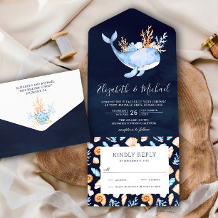 Onder het Zee walvisvaarder Blue Nautical Wedding All In One Uitnodiging