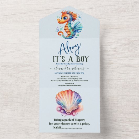 Onder het Zee Waterverf Baby shower All In One Uitnodiging (Binnen)