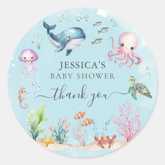 Onder het Zee Waterverf Baby shower dank u Ronde Sticker (Voorkant)
