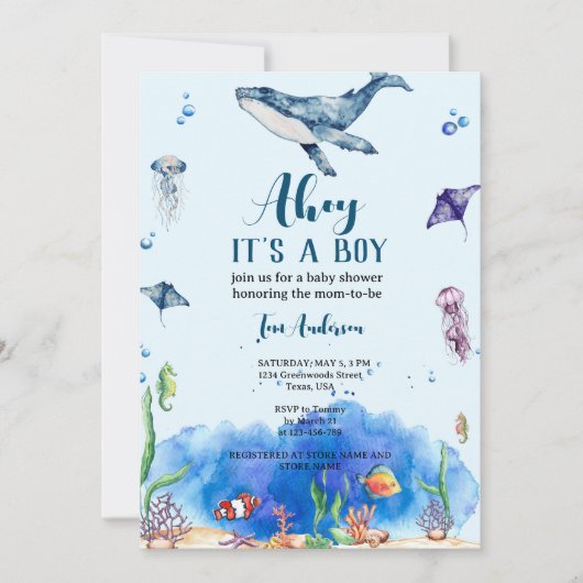 Onder het Zee Waterverf Blauw Baby shower voor jon Kaart (Voorkant)