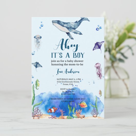Onder het Zee Waterverf Blauw Baby shower voor jon Kaart (Staand voorkant)