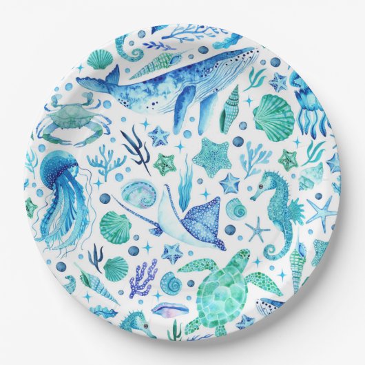 Onder het Zee Waterverf Blue Whale, kwal Papieren Bordje (Voorkant)