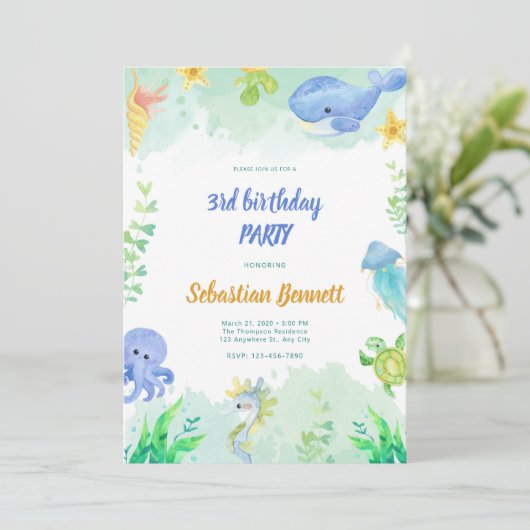 Onder het Zee waterverf Dieren 3e Verjaardag Kaart (Staand voorkant)