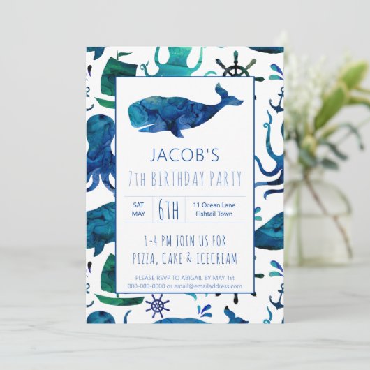 Onder het Zee Waterverf Kinder walvis Verjaardag Kaart (Staand voorkant)