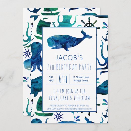 Onder het Zee Waterverf Kinder walvis Verjaardag Kaart (Voorkant / Achterkant)
