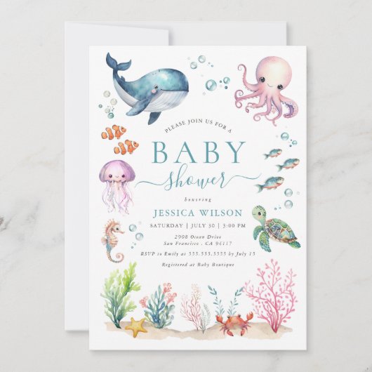 Onder het Zee Waterverf Ocean Animals Baby shower Kaart (Voorkant)