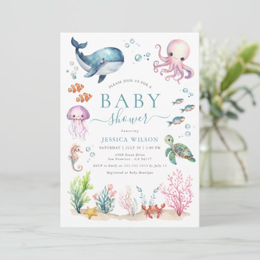 Onder het Zee Waterverf Ocean Animals Baby shower Kaart (Staand voorkant)