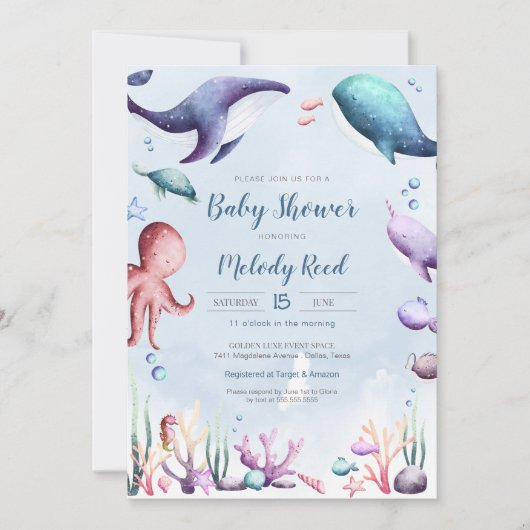 Onder het Zee Waterverf Ocean Animals Baby shower Kaart (Voorkant)