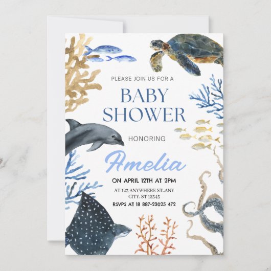 Onder het Zee Waterverf Ocean Life Baby shower Kaart (Voorkant)