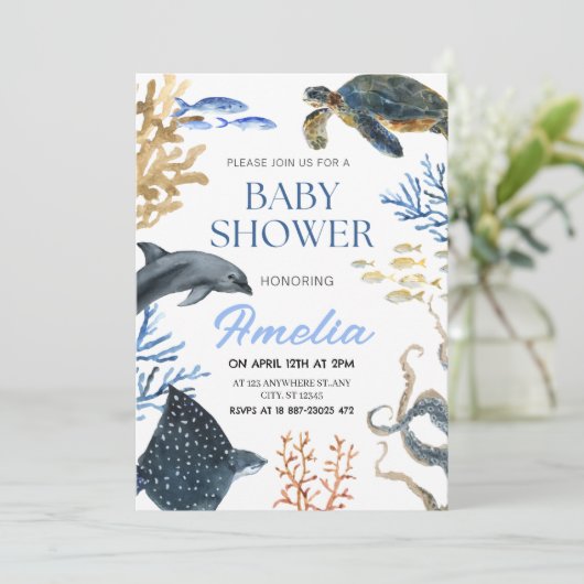 Onder het Zee Waterverf Ocean Life Baby shower Kaart (Staand voorkant)