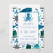 Onder het Zee Waterverf Octopus Verjaardag Nautisc Uitnodiging Briefkaart (Voorkant / Achterkant)