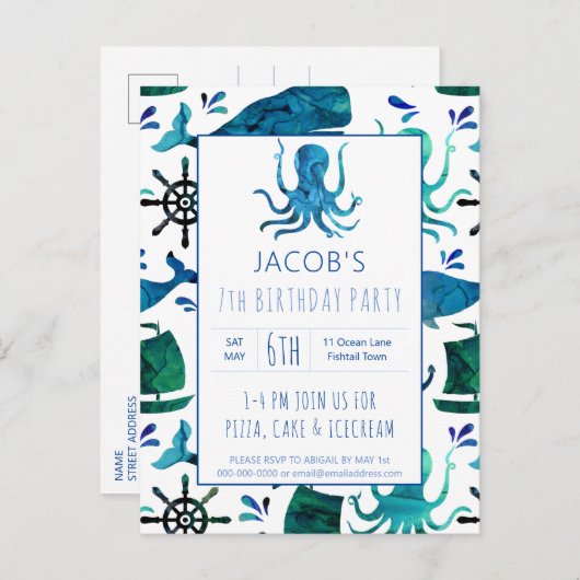 Onder het Zee Waterverf Octopus Verjaardag Nautisc Uitnodiging Briefkaart (Voorkant / Achterkant)