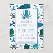 Onder het Zee Waterverf Octopus Verjaardag Nautisc Uitnodiging Briefkaart (Voorkant)