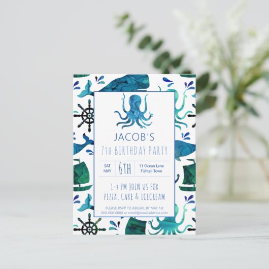 Onder het Zee Waterverf Octopus Verjaardag Nautisc Uitnodiging Briefkaart (Staand voorkant)