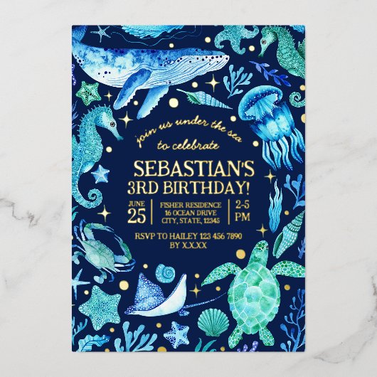 Onder het Zee Waterverf walvis zeepaardkwal Folie Feestdagenkaart (Voorkant)