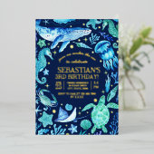 Onder het Zee Waterverf walvis zeepaardkwal Folie Feestdagenkaart (Staand Voorkant)