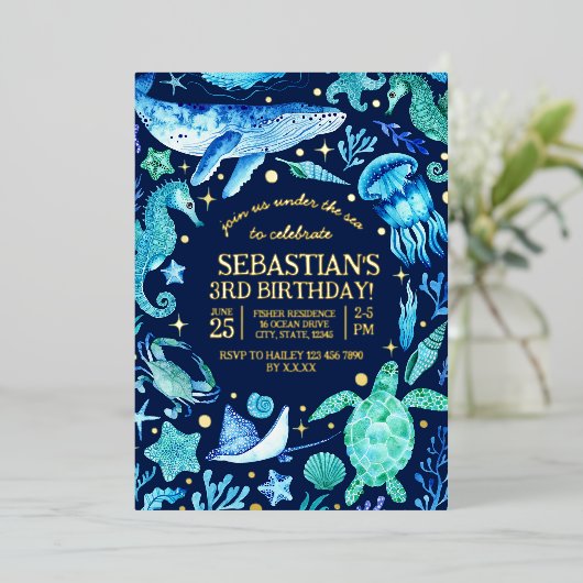 Onder het Zee Waterverf walvis zeepaardkwal Folie Feestdagenkaart (Staand Voorkant)