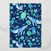 Onder het Zee Waterverf walvis zeepaardkwal Folie Feestdagenkaart (Achterkant)