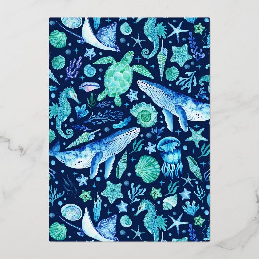 Onder het Zee Waterverf walvis zeepaardkwal Folie Feestdagenkaart (Achterkant)