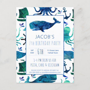 Onder het Zee Waterverf Whale Birthday Nautical Uitnodiging Briefkaart